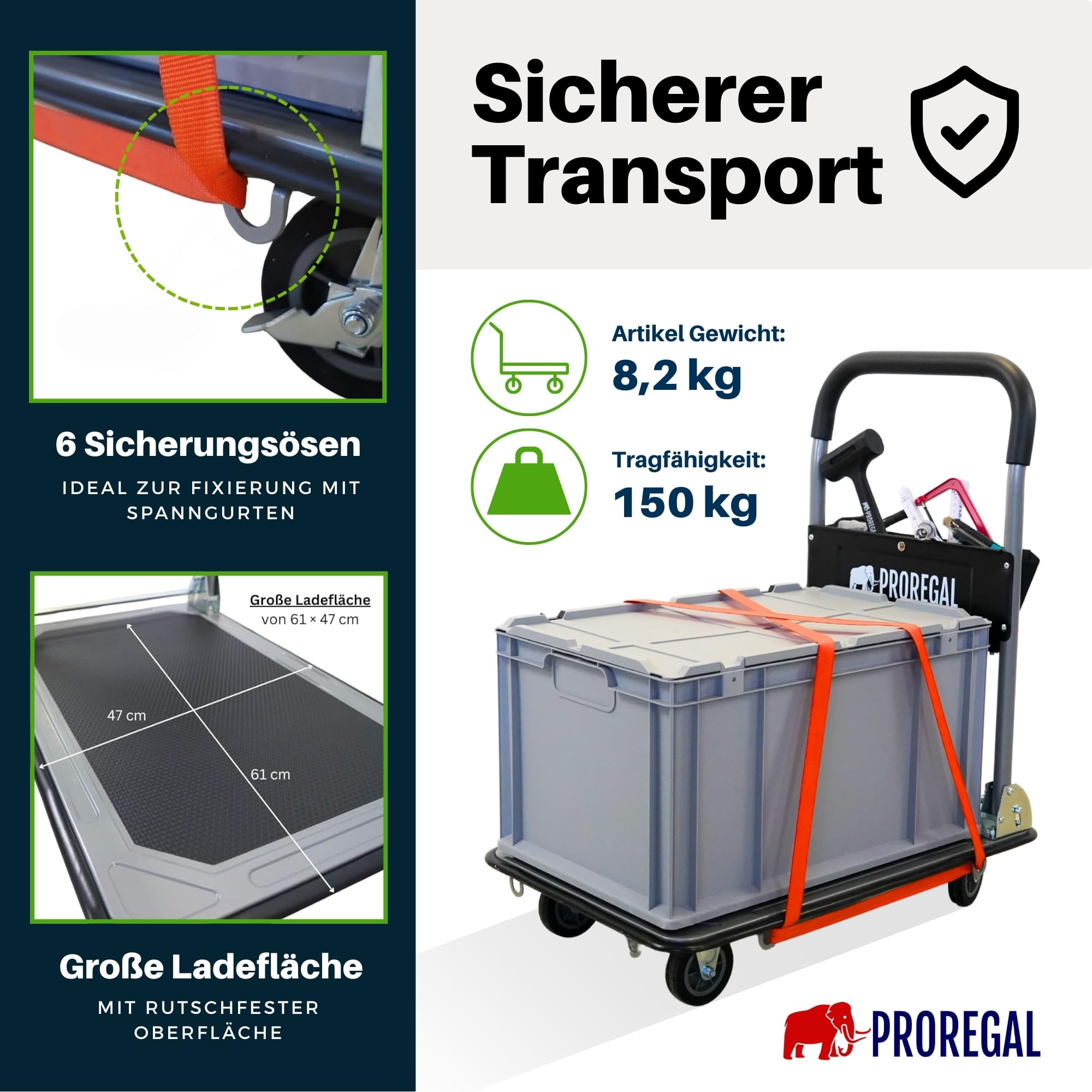 PROREGAL Profi-Plattformwagen Transportwagen Rhino 150kg klappbar mit Gummiräder, 360° Lenkrollen & Bockrollen mit Feststellbremse, mit Werkzeugtasche & 6 Sicherungsösen, Transporthilfe groß & leicht