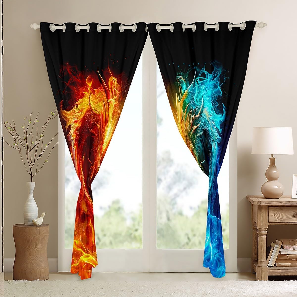 Feelyou Dragon Darkening Drapes (2 Panels, 42 x 84 Inch) Fire and Ice Dragon Curtains for Bedroom Living Room Decor Wild Animal Blackout Curtains Safari Theme Window Treatments