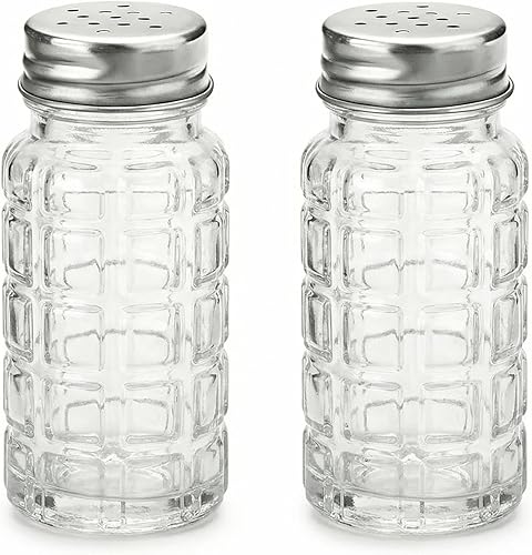 Juego de 2 saleros y pimenteros, coctelera de vidrio de 2 onzas con tapa de agujeros de acero inoxidable, recipientes para especias para condimentos