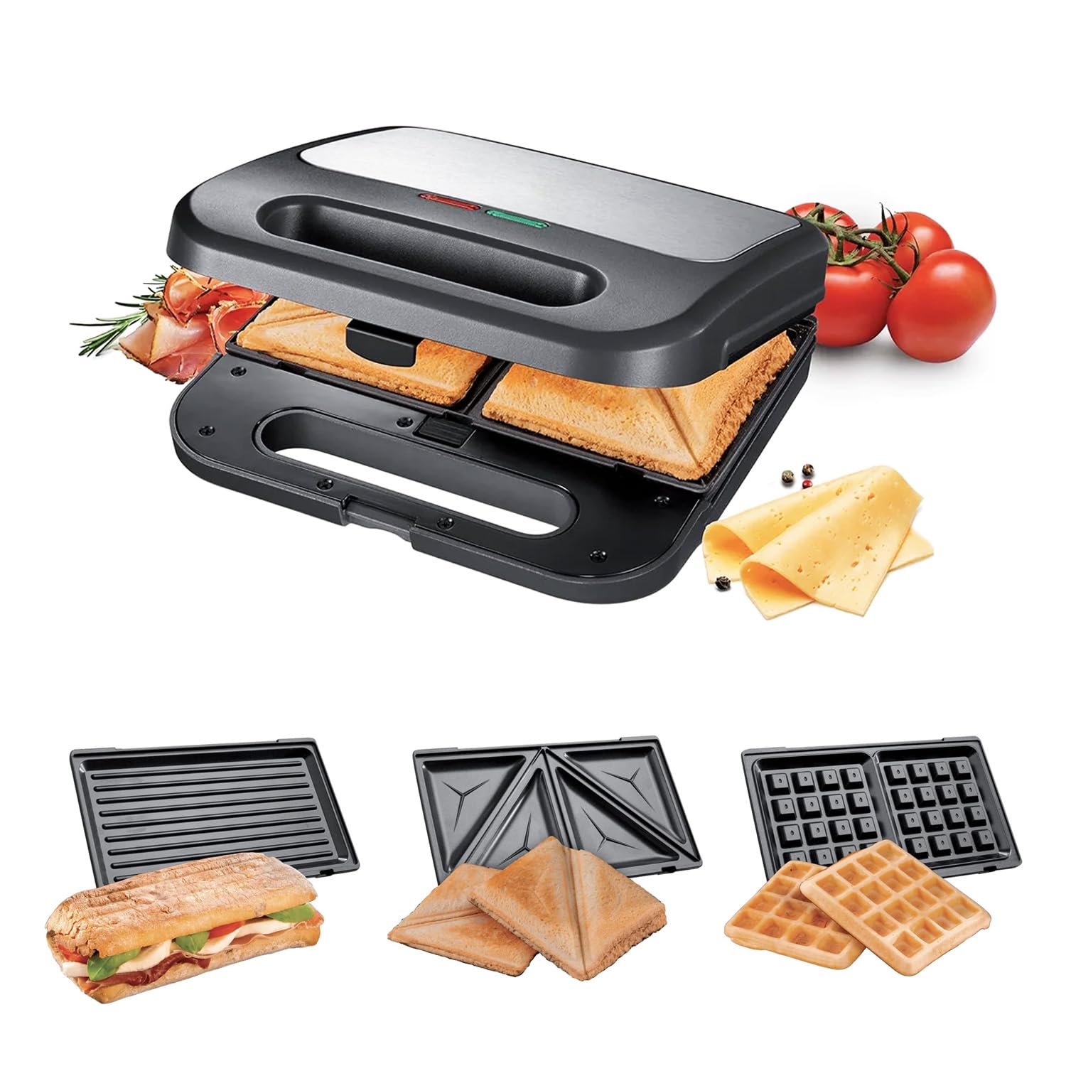Wintem Tostiera Elettrica 3 in 1 800W con Piastre Interscambiabili Antiaderenti - Ottimo per Cucinare Panini, Toast o Waffle - Dimensioni Compatte e Salvaspazio - Facile da Pulire