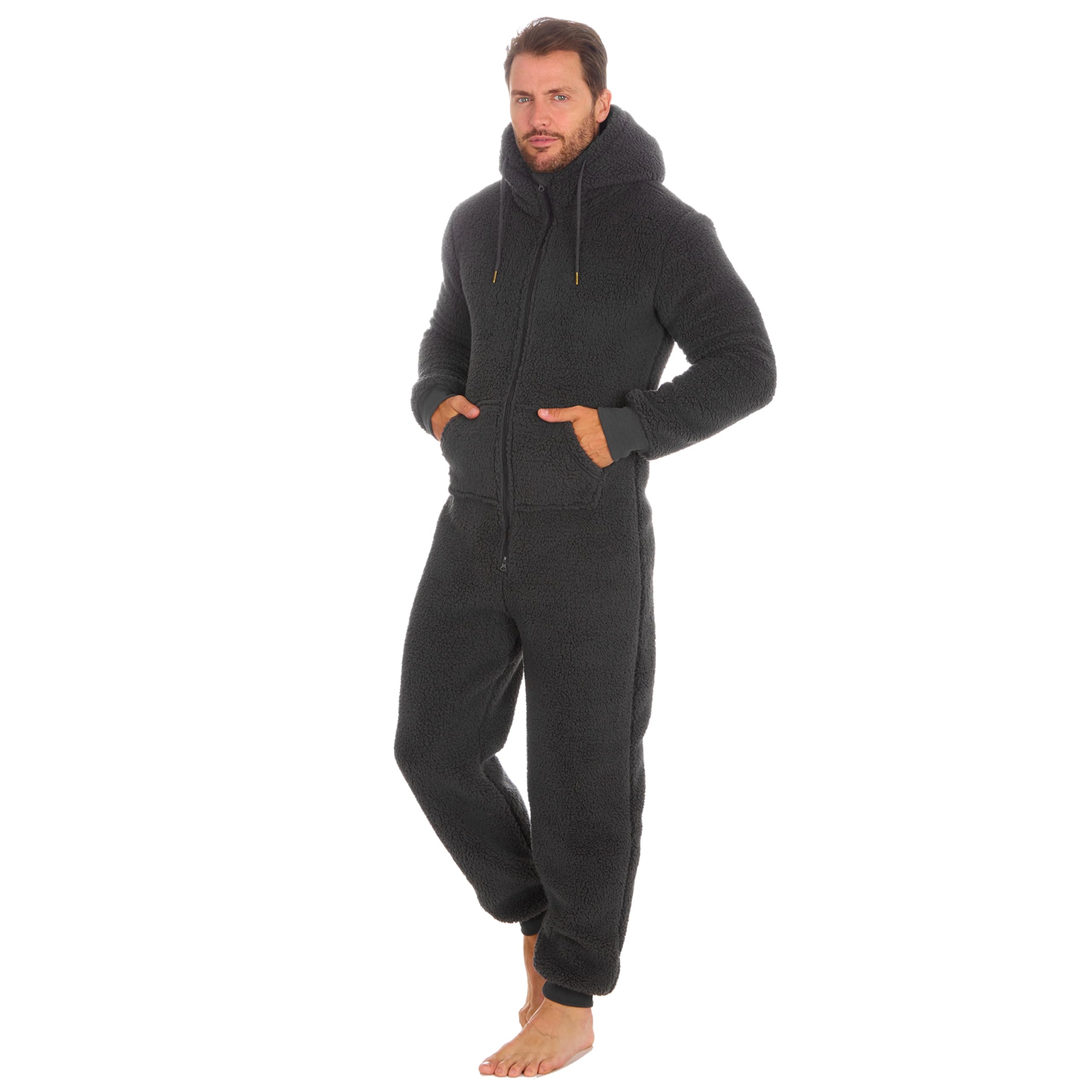 Metzuyan Men's Borg Charcoal Borg Sherpa Snuggle Hooded Onezee Fluffy Warm Chunky Cosy One Piece Pyjama L-Xl