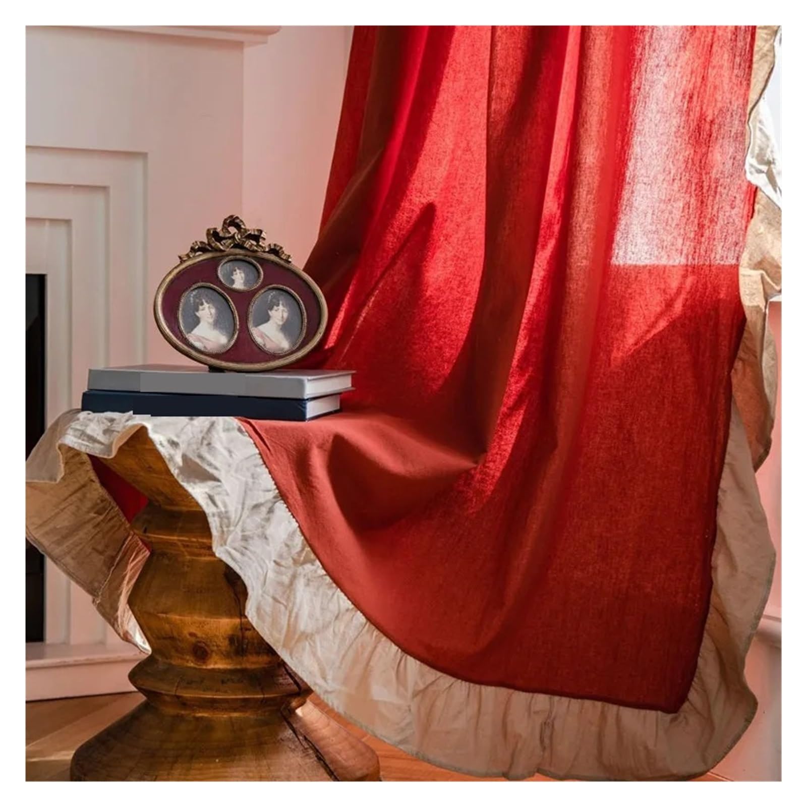 BGHYJKOL Ruffled Curtains Cotton Retro Ruffle Red Curtain For Living Room Rod Thick Linen Fabric Drapes For Bedroom Balcony Bay Window With Hooks(Hooking,W150 x H260cm)