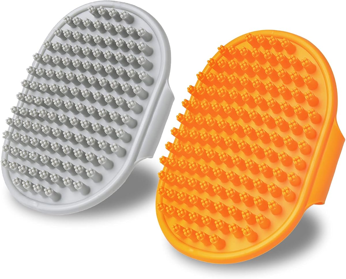 XIGOU Dog Bath Brush, 2 Pcs Short Hair Grooming Brush for Dogs & Cats - Soothing Massage Rubber Bristles Curry Comb with Adjustable Handle
