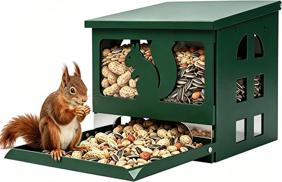 Squirrel Feeder for Outside, Durable Full Metal Squirrel Food Box, Large Capacity Chipmunk Feeder, Weather-Proof Squirrel House, Heavy Duty Squirrel Feeders