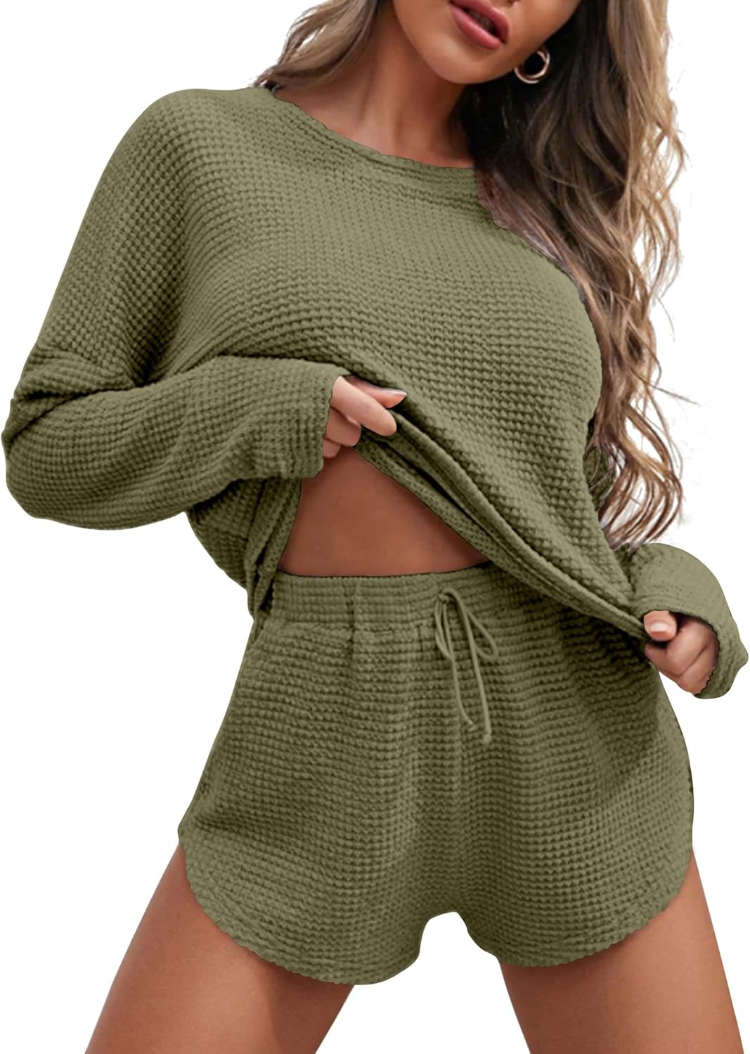 Ekouaer Womens Waffle Knit Pajama Sets Long Sleeve Top and Shorts Matching Lounge Set Loungewear Sweatsuit with Pockets