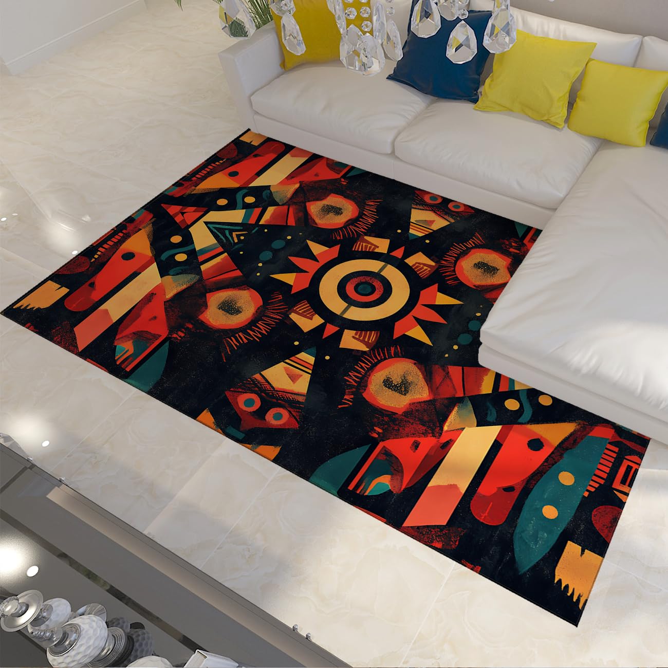 Tapis lavable salon 120x150 géométrique rétro poil bas et antidérapant