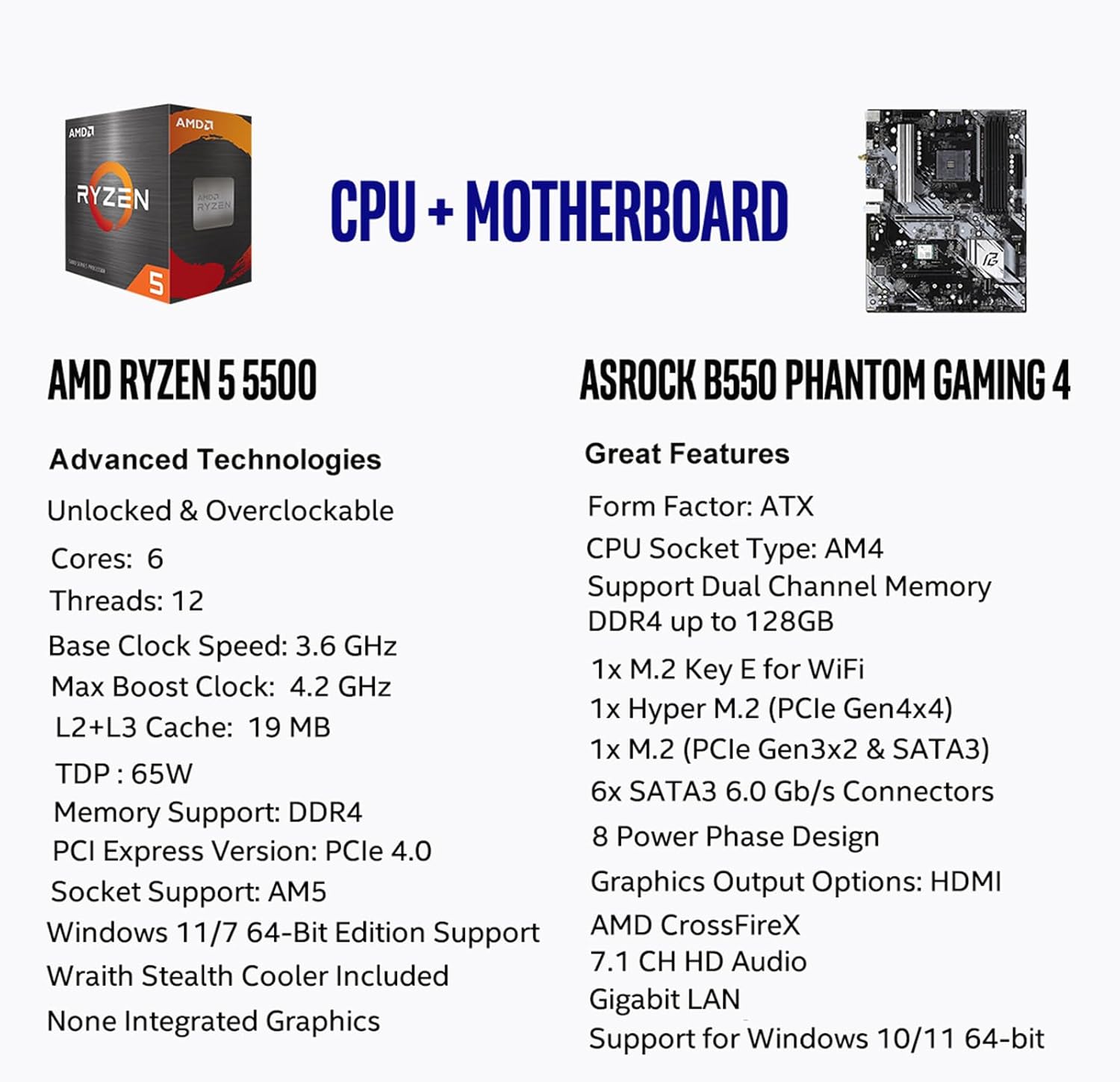 MICRO CENTER AMD Ryzen 5 5500 Desktop Processor with ASRock B550 Phantom Gaming 4 AM4 Motherboard