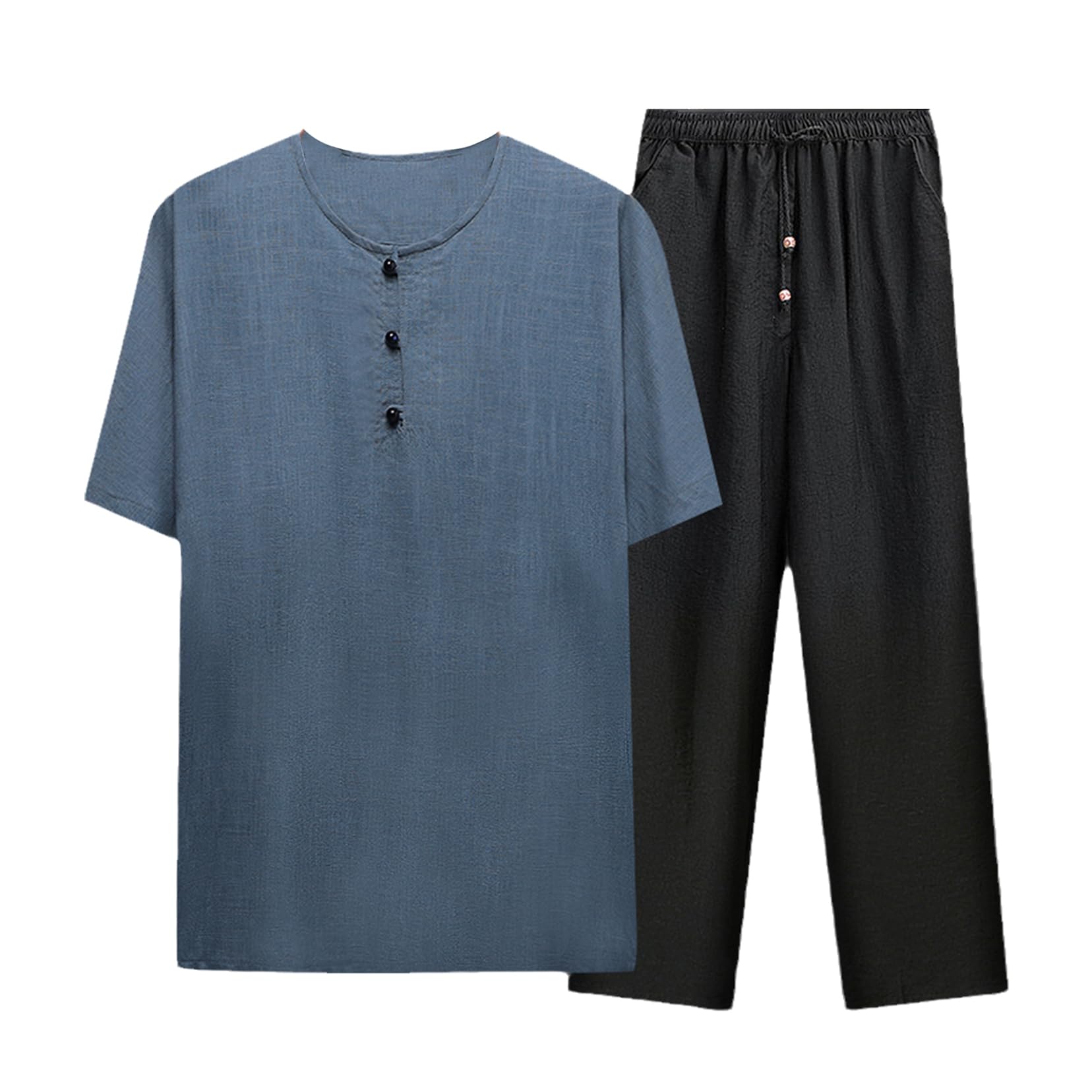 Tang Anzug Männer Kurzarm Hanfu Chinesische traditionelle Kleidung Kung Fu Crew Halshemd Uniform und Hosen Blue 1-L