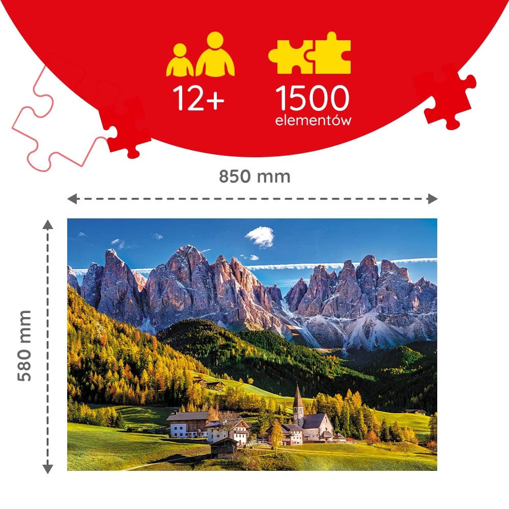 Trefl Dolina Val di Funes, Dolomity, Włochy Puzzle 1500 Elementów o Wysokiej Jakości Nadruku dla Dorosłych i Dzieci od 12 lat