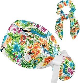 FVQL 2 Pieces Surgical Cap for Long Hair Scrub Cap with Hairband Nurse Cap, Bird Peacock Feather and Flower