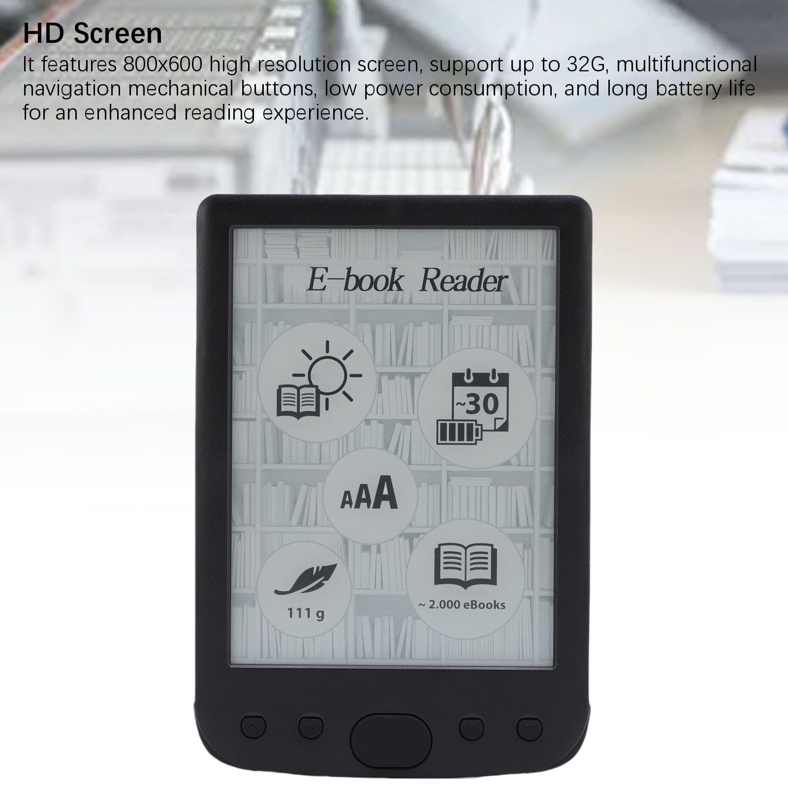 Generic Lettore di E-book HD da 6 Pollici 800x600 con funzionalità Avanzate per la Lettura Interattiva, Lettore di E-book Portatile con Batteria a Lunga Durata per Topi di Biblioteca, Materiale ABS