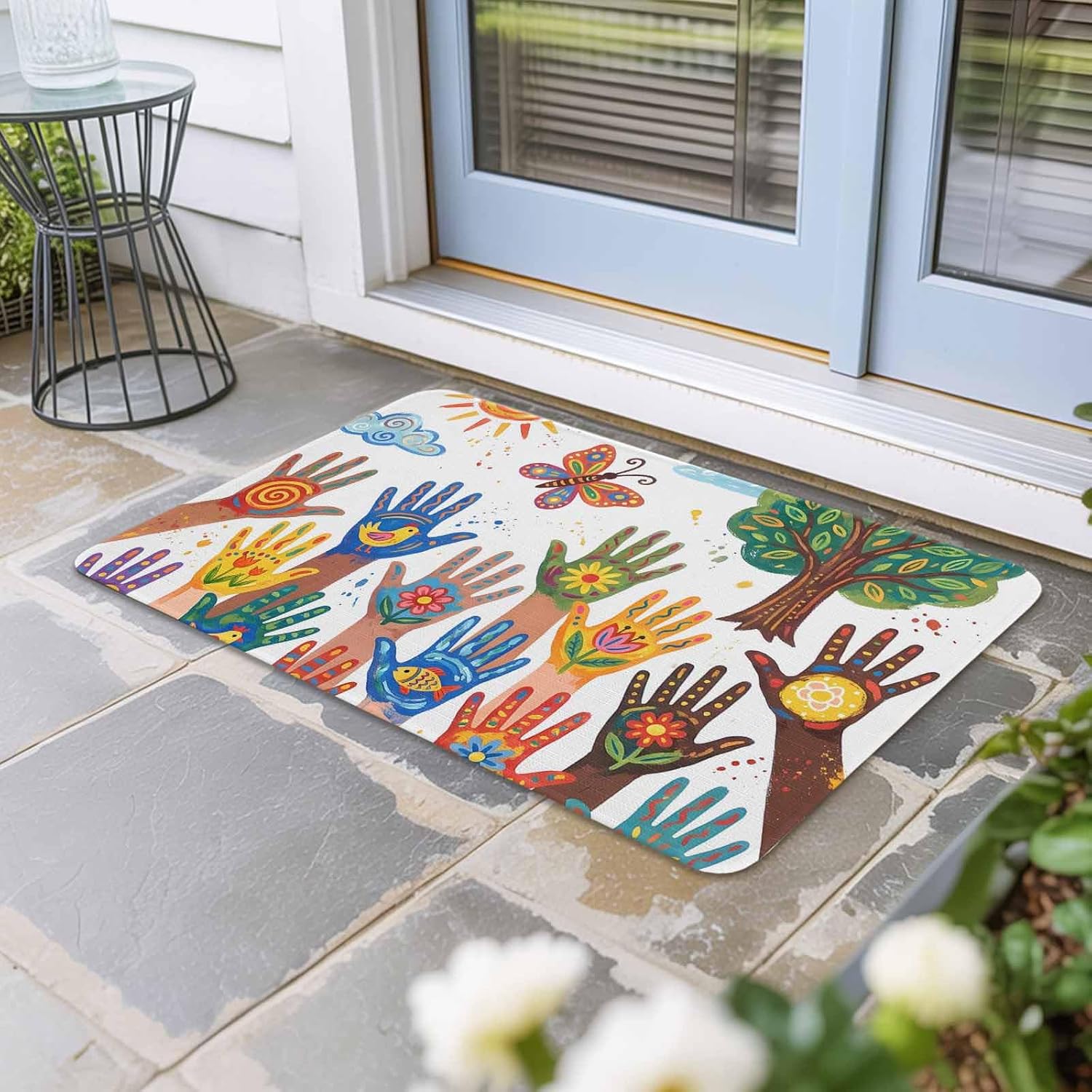 Cartoon Children's Day Door Mat Indoor Outdoor Entrance,Non Slip Small Rug for Kitchen Bathroom Entryway Rug,Colorful Handprints Abstract Art Washable Doormat Floor Mat for Office Decor 18x30 Inch