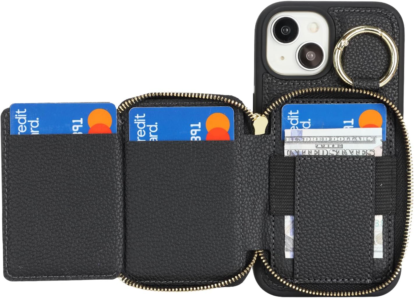 Compatible with iPhone 15 Wallet Case with Card Holder,for iPhone 15 Phone case Wallet with Zipper with Slot Kickstand Stand Case for Women 5G 6.1 Inch-Black