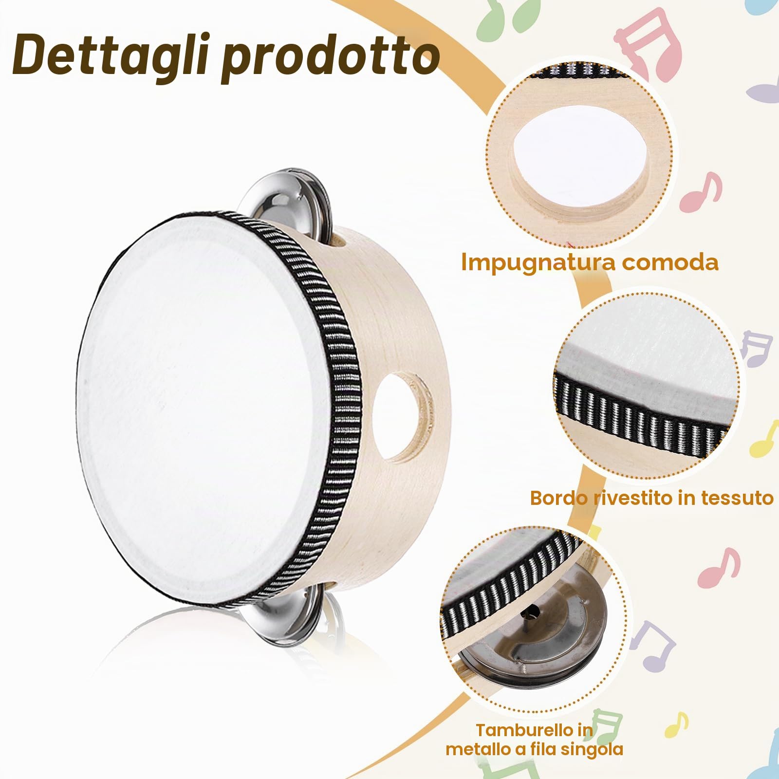 QUARKZMAN 12 Pcs Tamburello 4 Pollici Tamburo A Mano In Legno Con Jingles Metallici A Singola Riga Strumento Musicale A Percussione Per Adulti Matrimoni Chiesa Feste Giochi Colore Legno