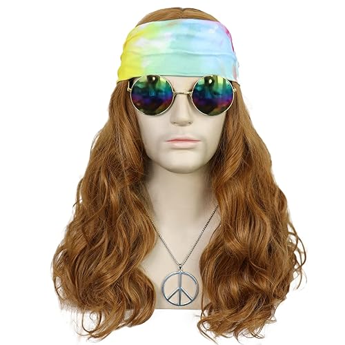 Miniatura 4 de ANOGOL Gorro de pelo + peluca hippie hippie accesorios para hombre, pelucas de los años 60 y 70, pelucas para hombres, peluca hippy marrón para