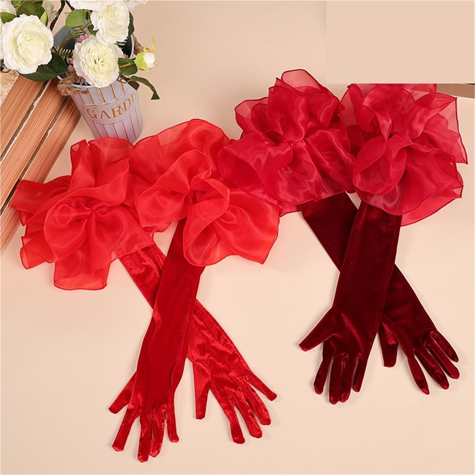 Guantes largos de terciopelo con volantes, color liso, manga mano for mujer, vestido novia, accesorio fotográfico, ropa, guante Para Cena Fiesta