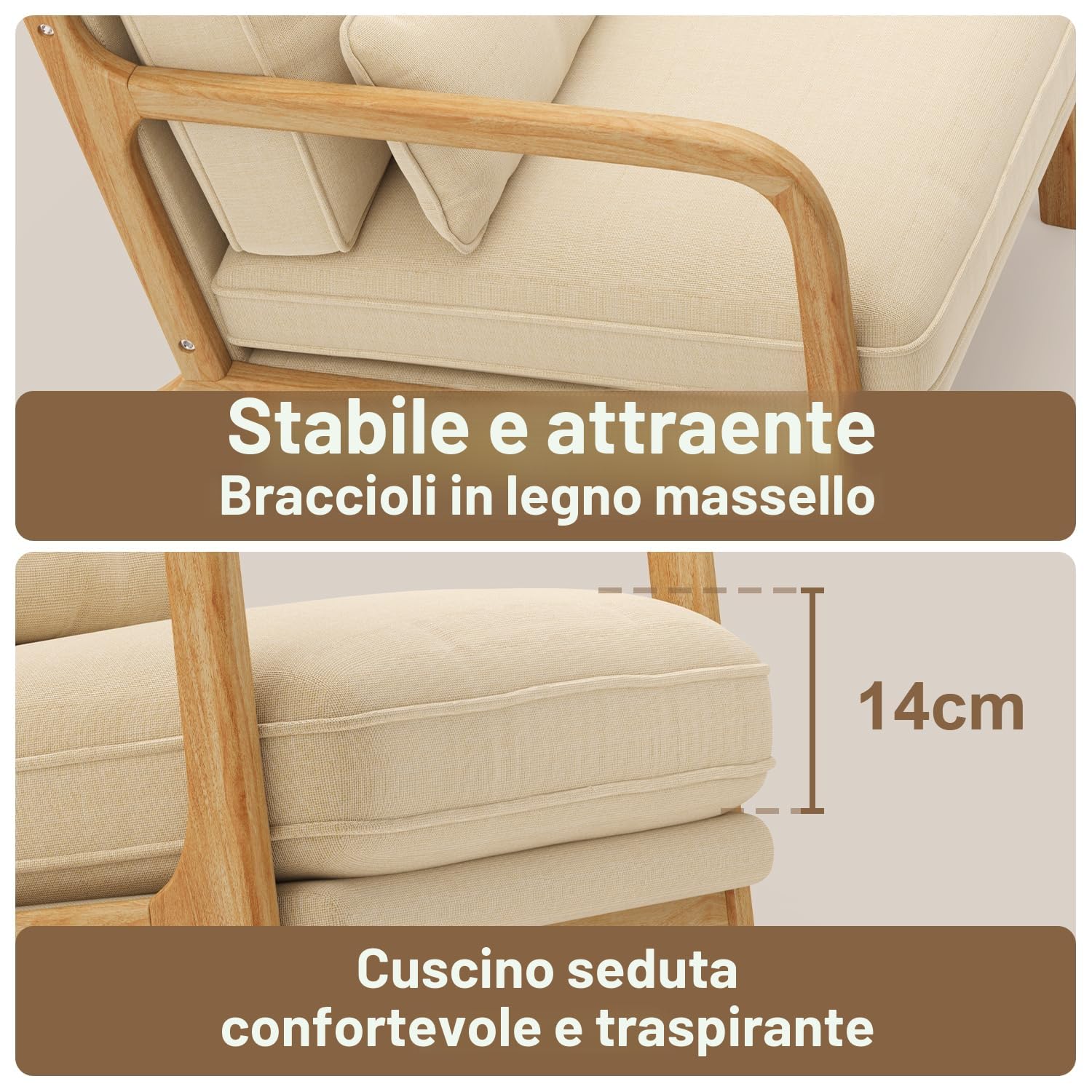 Poltrona da Salotto in Legno di Caucciù,Poltroncina Camera da Letto,con Cuscino Sfoderabile e Schienale con Braccioli con cuscino lombare,82 x 65 x 75CM, Beige