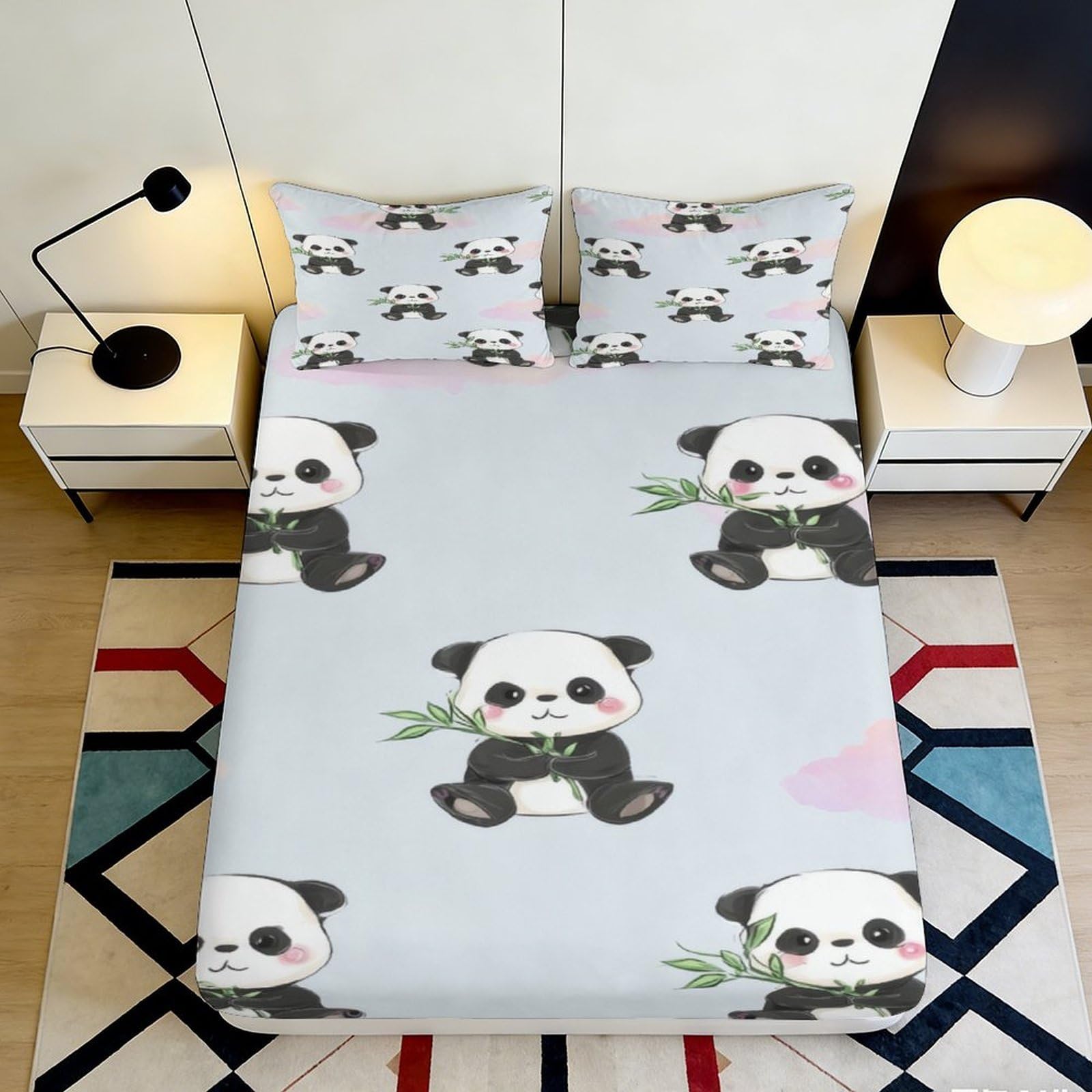 3D Printed Panda Bamboo Fitted Sheet Microfiber Soft Anti-Slip Bed Cover for Bedroom Dorm Youth Adult Decor Protection 90x200x25cm