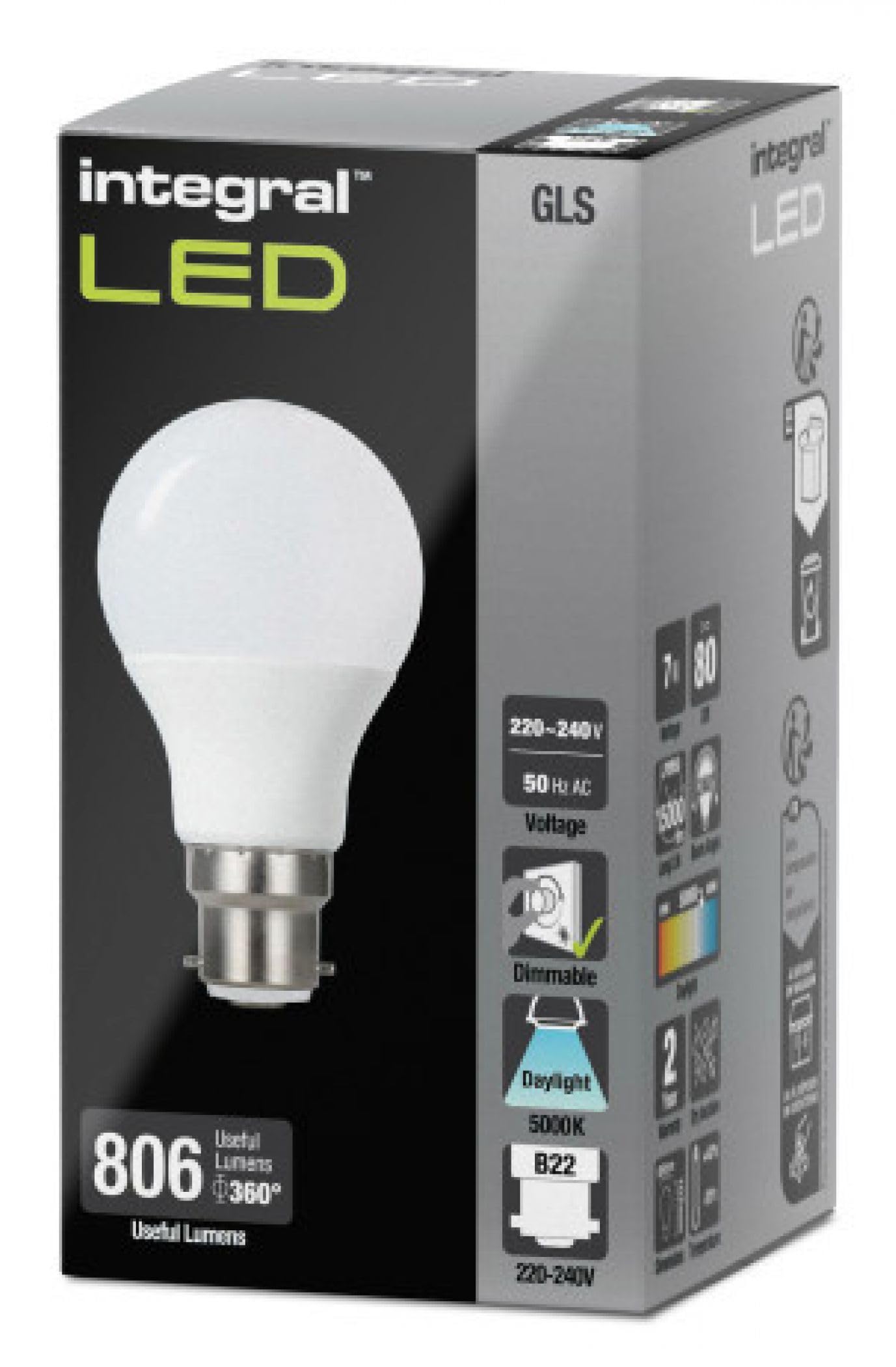 Integral ILGLSB22DF102 7w LED Classic Globe GLS, Dimmable, 5000K, B22, 806lm =60w, Frosted - Image 2