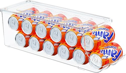 Miniatura 10 de SCAVATA Paquete de 2 organizadores de latas de soda para refrigerador, contenedor apilable de latas de alimentos enlatados, dispensador de latas con