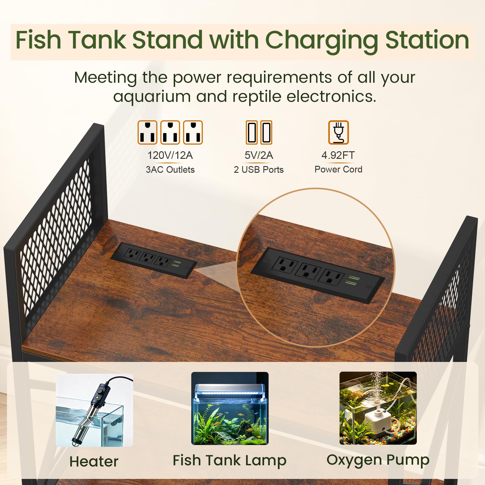 Snughome Support d'aquarium de 75 litres avec station de charge, support d'aquarium robuste avec armoire de rangement, support d'aquarium en métal pour aquariums de 60 de long, 85 et 90 litres