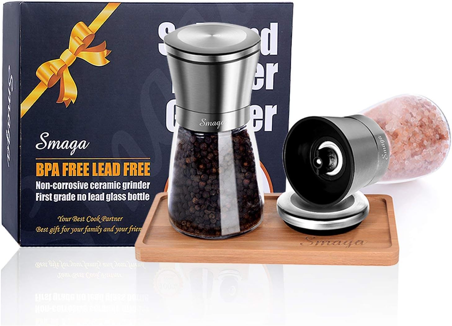 SMAGA Salt and Pepper Grinder Set - Set of 2 Salt Grinder & Pepper Mills with Bamboo Plate - Salt and Pepper Shakers with Adjustable Coarseness Brushed Stainless Steel Encasing