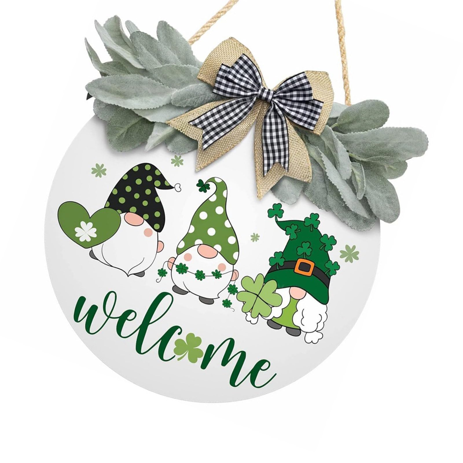 Elnwnnkc Bowknot Wood Sign with Clovers for Indoor and Outdoor Front Door Hanging Welcome Wreath Irish Festival Decoration Gnomes Door Decoration
