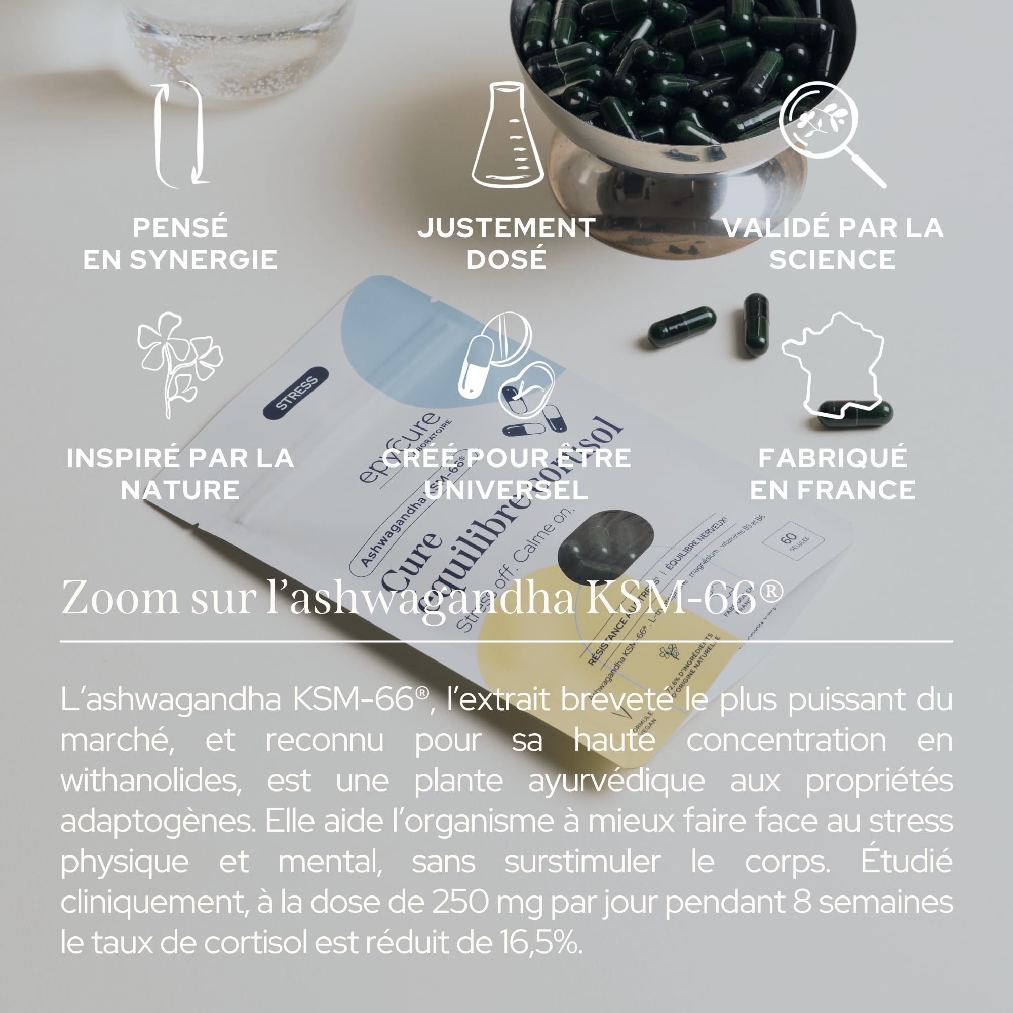 EPYCURE - Cure Équilibre Cortisol - 100% Naturel - Réduit Cortisol, Soulage Stress & Fatigue Nerveuse - Ashwagandha, Magnésium Bisglycinate, L-Tryptophane, Vitamines B - 1 Mois