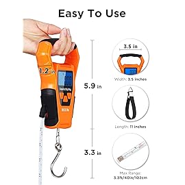 HEETA Waterproof Fish Scale Digital with Backlit LCD Display, 110lb/50kg Portable Hanging Scale Fishing Scale for Home and Outdoor, Measuring Tape and 2 AAA Batteries Included (Orange)