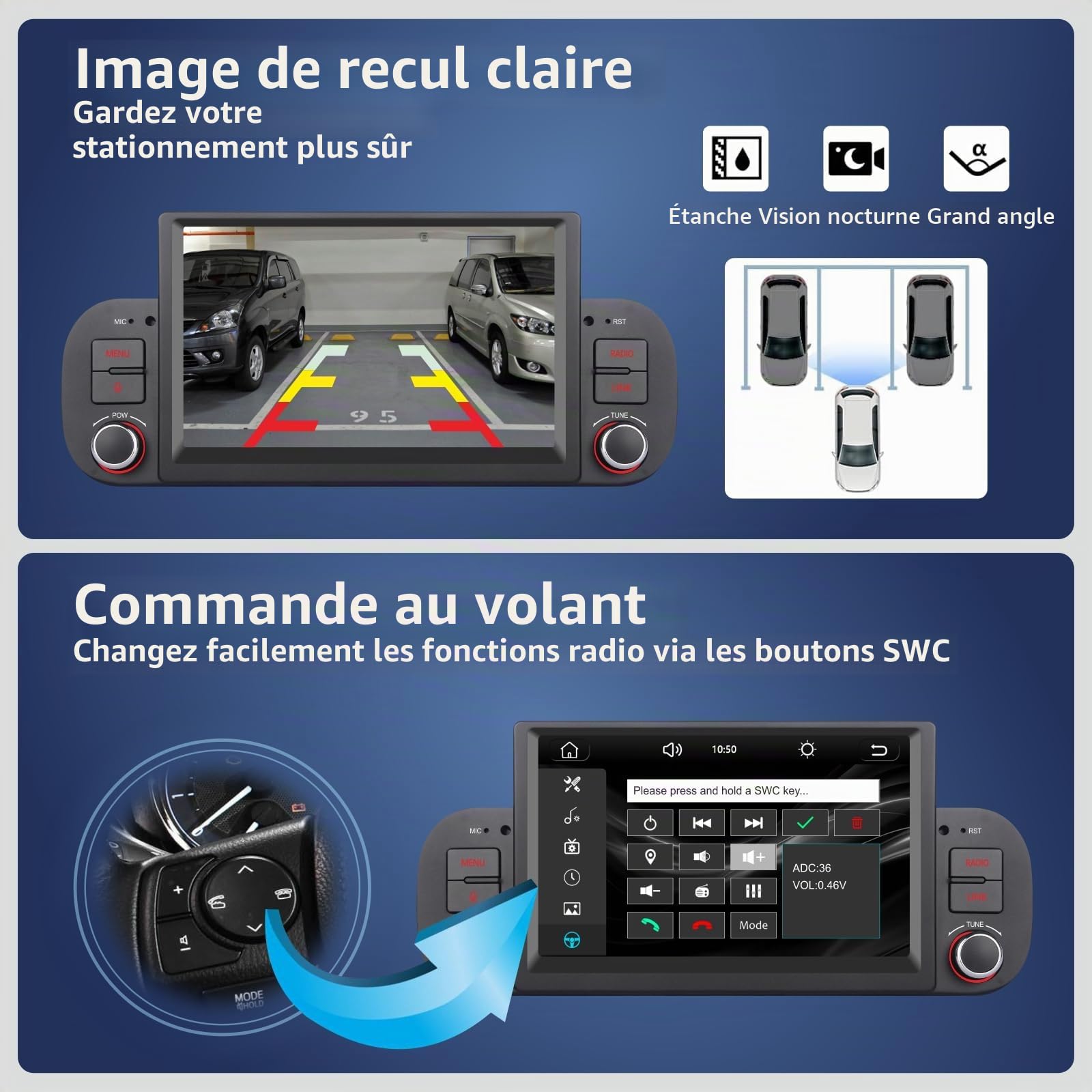 Autoradio Double DIN pour Fiat Panda 2013-2020 Apple Wireless Carplay et Android Auto Commande vocale avec écran Tactile IPS 7 Pouces/Bluetooth/FM/AM/USB/EQ