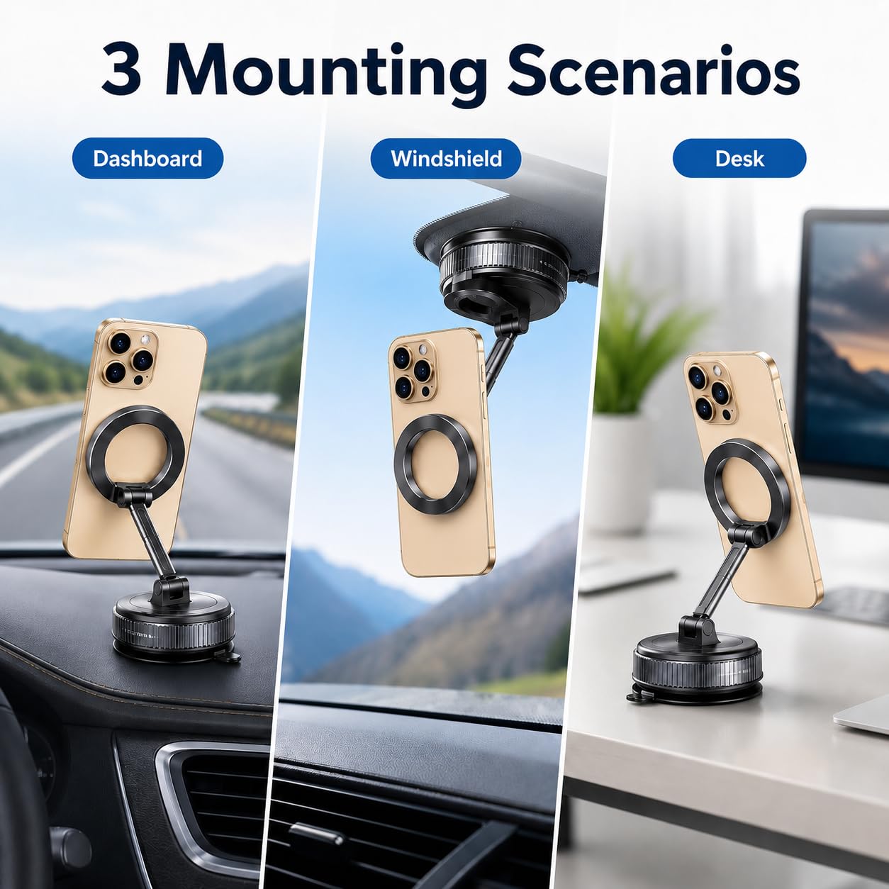 Soporte magnético para teléfono de coche, ventosa al vacío y almohadilla adhesiva, soporte 2 en 1, 24 imanes N52, rotación de 360°, soporte universal compatible con MagSafe para salpicadero