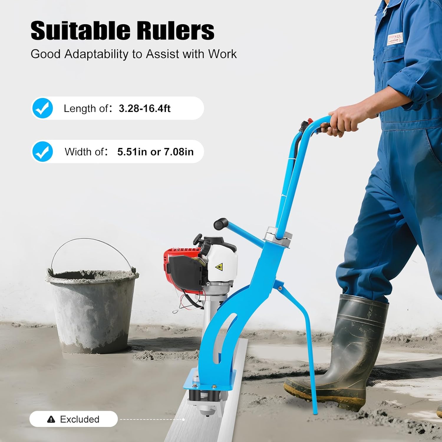 4 Stroke Gas Concrete Wet Screed 35.8CC Concrete Vibrating Machine Gas Power Screed Vibratory Screed Power Unit Wet Concrete Screed Board Cement Road Construction Fits 1-5M Ruler(NOT Included)