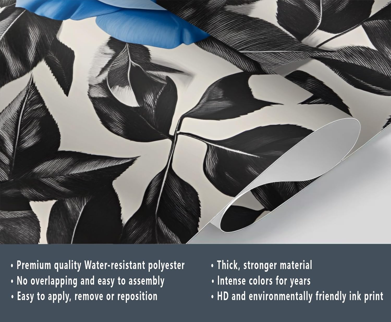Blue Rose Mural, Black Leaves Wallpaper for Bedroom Living Room, Vintage Flowers Wallpaper for TV Background Wall Home Decor - 78" x 55" (Not Peel and Stick)