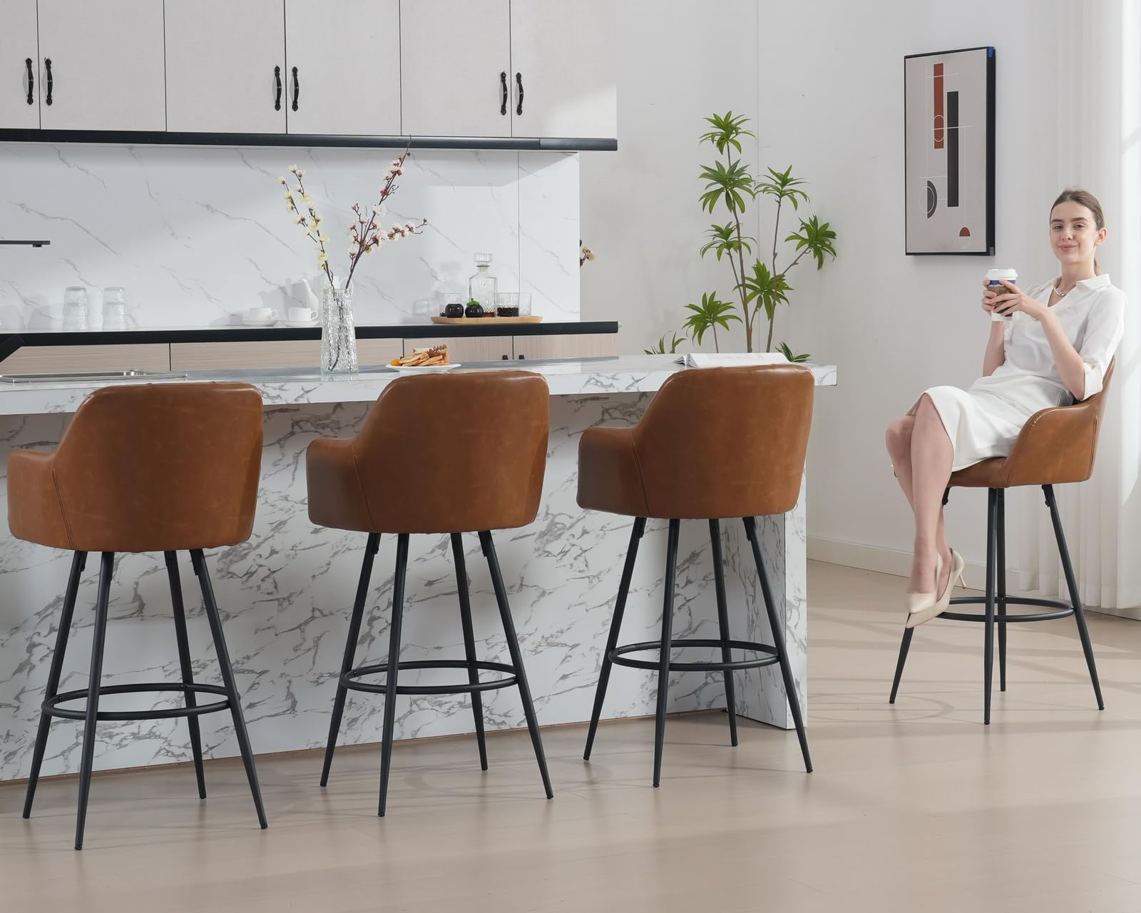 CIMOTA Brown Leather Bar Height Stools Set of 4 Upholstered Modern Barstools 30 Inch High Bar Chairs Comfy Island Chairs with Back/Arms for Kitchen