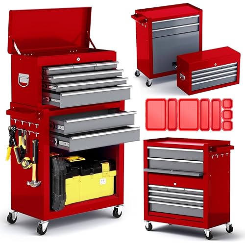 Tool Chest 8 Drawer,42" Large Tool Box with Wheels,Detachable Top Metal Rolling Tool Box,Garage Tool Cabinet with Lock and 360° Rotating Wheels(with Parts Box, Hooks,Anti Slip Pads)