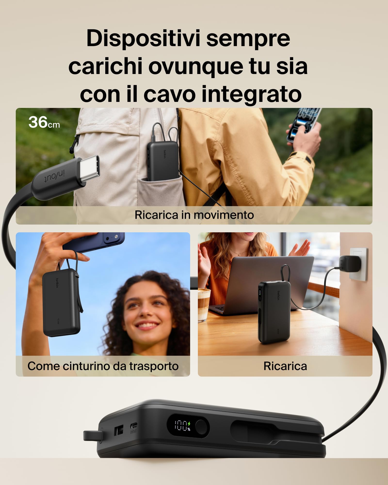 Belkin UltraCharge Power Bank 20000mAh con Cavo USB-C e Display - Nero | Caricatore Portatile 20000mAh, Ricarica 3 dispositivi (1 USB-C, Cavo USB-C Integrato, 1 USB-A), 45W, Pre-Caricato, Display