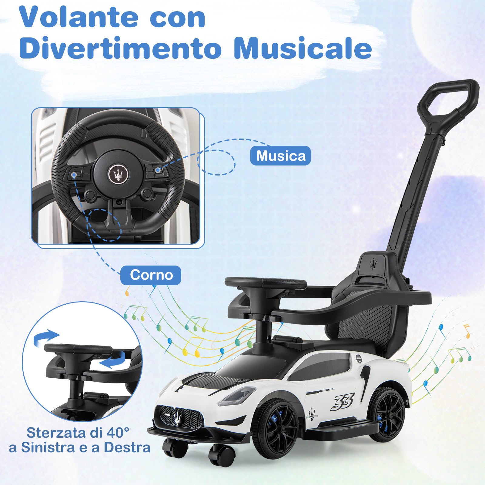 COSTWAY 3 in 1 Maserati Auto da Spinta, Auto Scorrevole con 2 Ruote Universali Volante Musicale Paracolpi e Manubrio, Macchina Cavalcabile con Ripostiglio per Bambini 18-60 Mesi (Bianco)