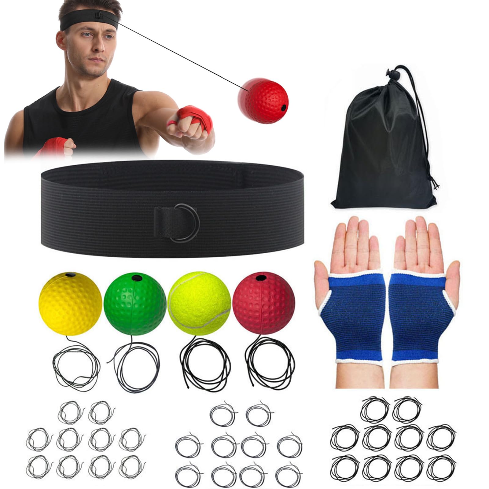 38 PCS Boxing Reflex Ball Set - Includes 4 Levels Boxing Ball, Headband, Palm Gloves, Carry Bag, and Spare Ropes - Ideal for Agility, Fight Skills, and Hand-Eye Coordination Training