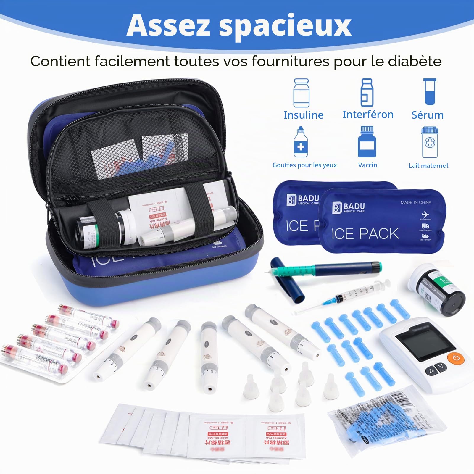 Glacière à insuline approuvée par la TSA pour Voyage avec thermomètre, Affichage de la température, Sac de Voyage pour diabétique avec 2 Blocs réfrigérants réutilisables pour Voyage