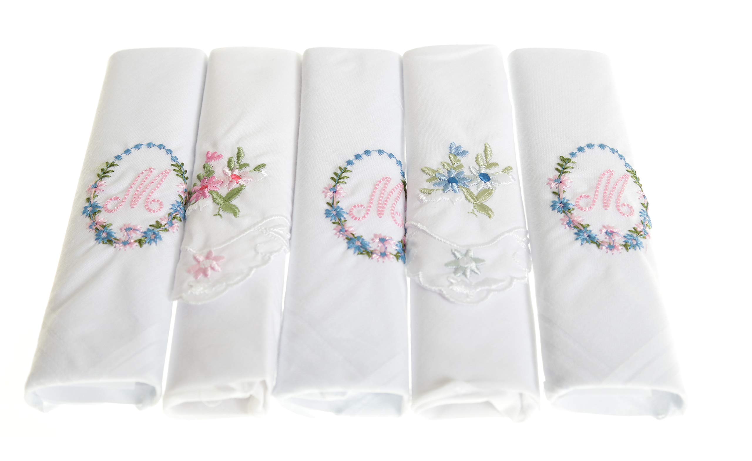 Surf the Shop Pack of 5 Ladies Initial Embroidered White Handkerchiefs with Satin Border and Matching Floral Handkies, Various Letters