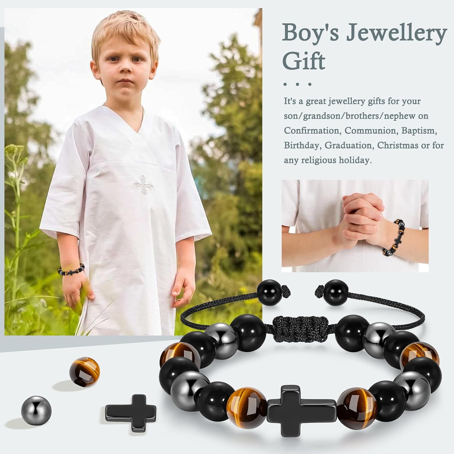 Bracelets for Boys Cross Soccer Basketball Beaded Bracelets Birthday First Communion Confirmation Gifts for Teen Boy