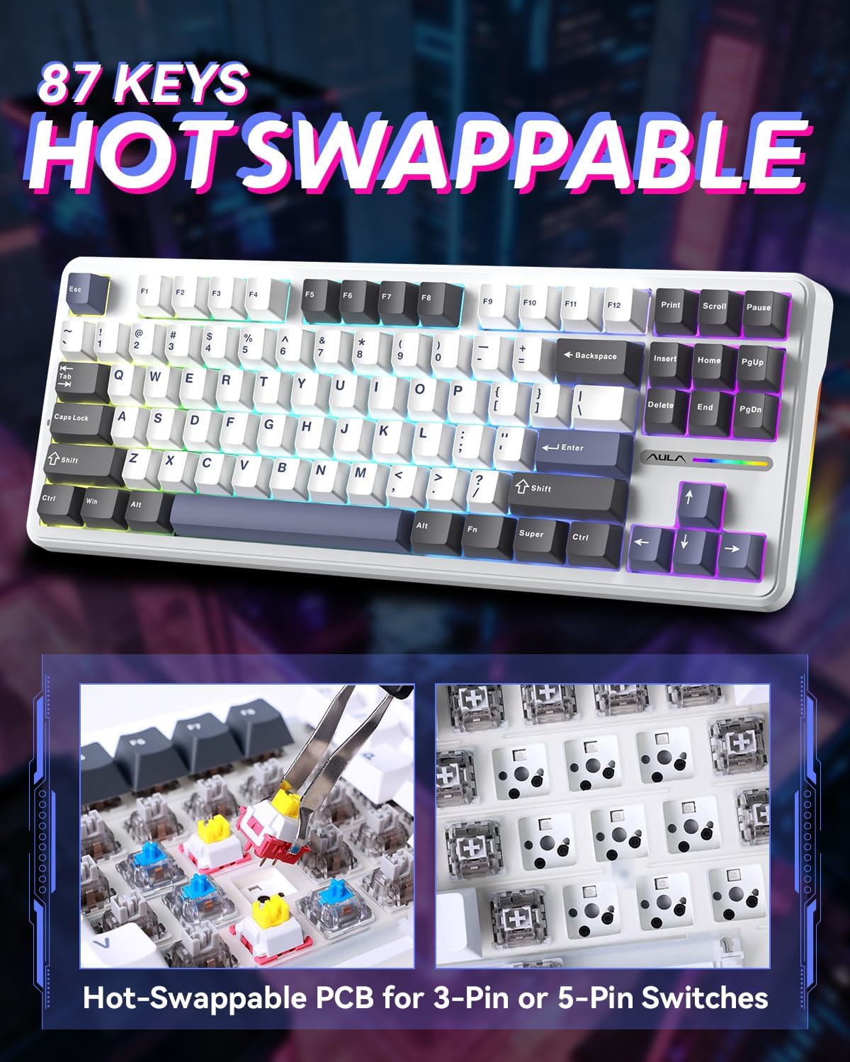 AULA F87 Pro Wireless Mechanical Keyboard, Gasket Mount Hot-Swappable Custom Gaming Keyboard with 4000mAh Longest Battery - Tri-Mode BT/2.4Ghz/USB-C, Pre-Lubed Linear Switches, RGB for PC/Mac/PS5/Xbox - Image 5