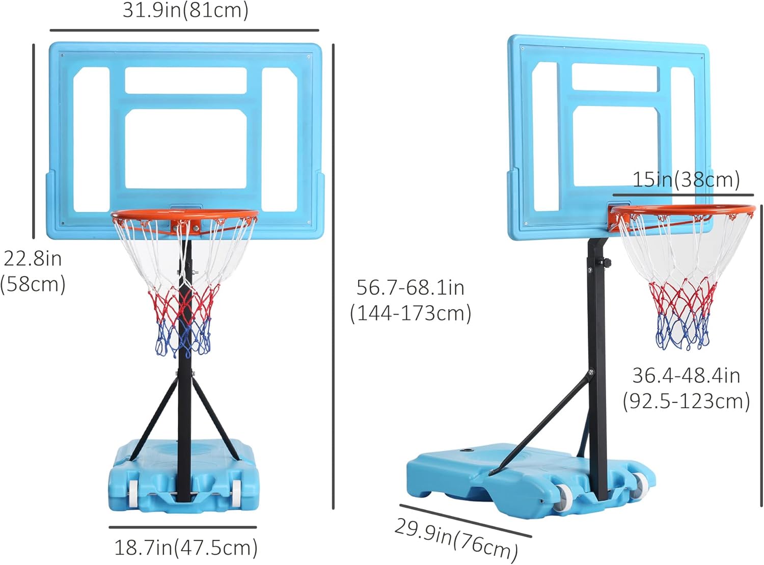 Diagram showing dimensions of the Soozier Poolside Basketball Hoop Stand