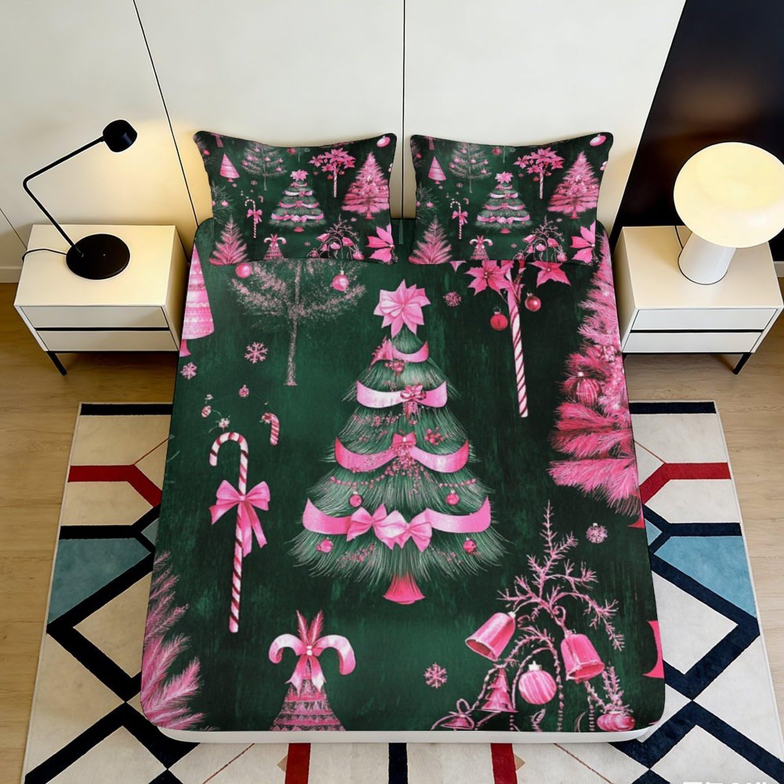 3D Printed Christmas Tree Fitted Sheet Microfiber Deep Pocket Bedroom Set Christmas Mattress Fitted Cover Washable 180x200x25cm