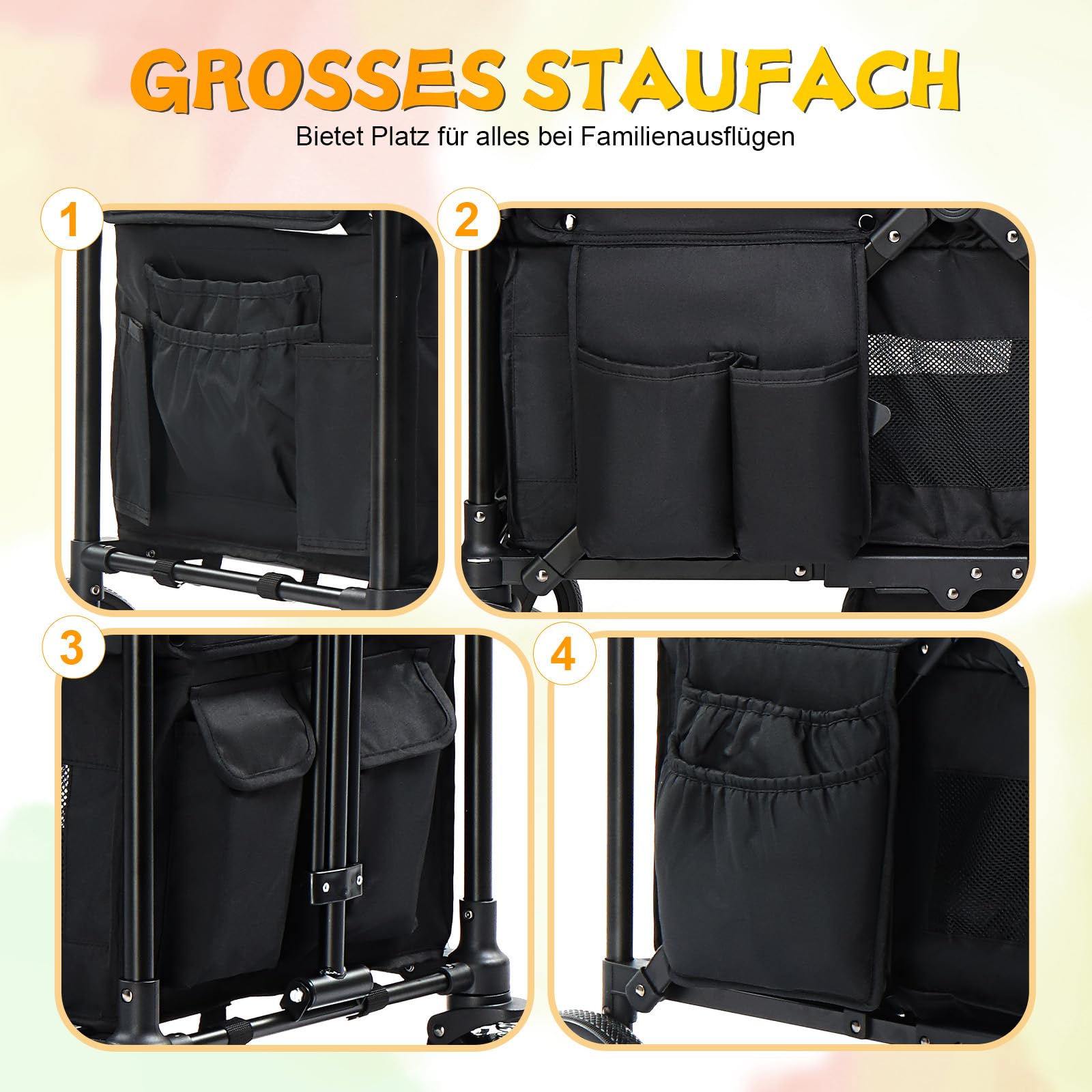 Bonnlo Bollerwagen Faltbar Kinder mit Dach, Doppel-Kinderwagen 121x53x110,5 cm, All-Terrain-Räder, 360° Vorderräder mit Federung, Fußbremse, 5-Punkt-Gurt, abnehmbares Sonnendach UV-Schutz, Schwarz