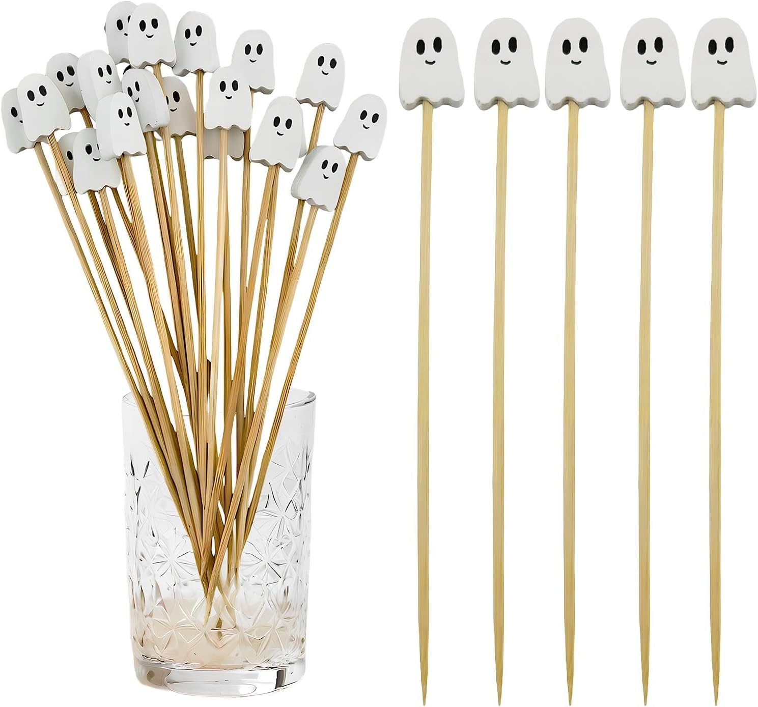 100 Pcs Ghost Bamboo Cocktail Picks for Halloween Party Appetizers (White)