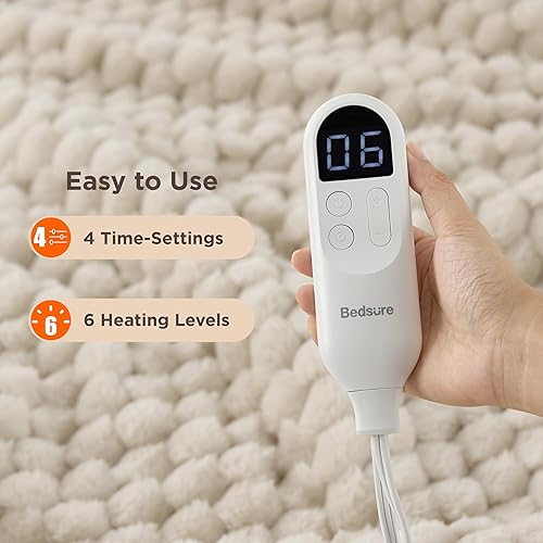 Vista 280 de Bedsure GentleSoft - Manta térmica eléctrica, suave manta eléctrica de franela acanalada, calefacción con 4 ajustes de tiempo, 6 ajustes de calor