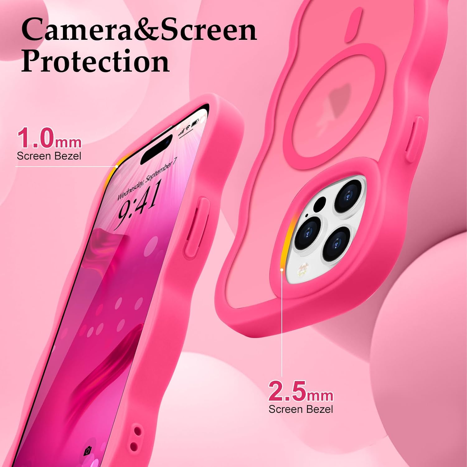 for iPhone 15 Pro Max Case, Curly Wavy Frame Hard Translucent Matte Clear Back Cover for Women Men Compatible with Magsafe Shockproof TPU Bumper Phone Case for iPhone 15 Pro Max, Hot Pink - Image 5