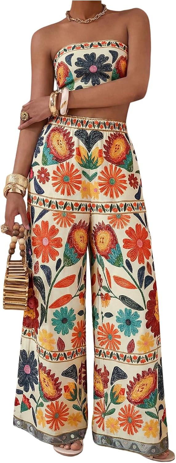 Floerns Women's 2 Piece Outfit Tropical Bow Cropped Tube with Summer Wide Leg Pants Set