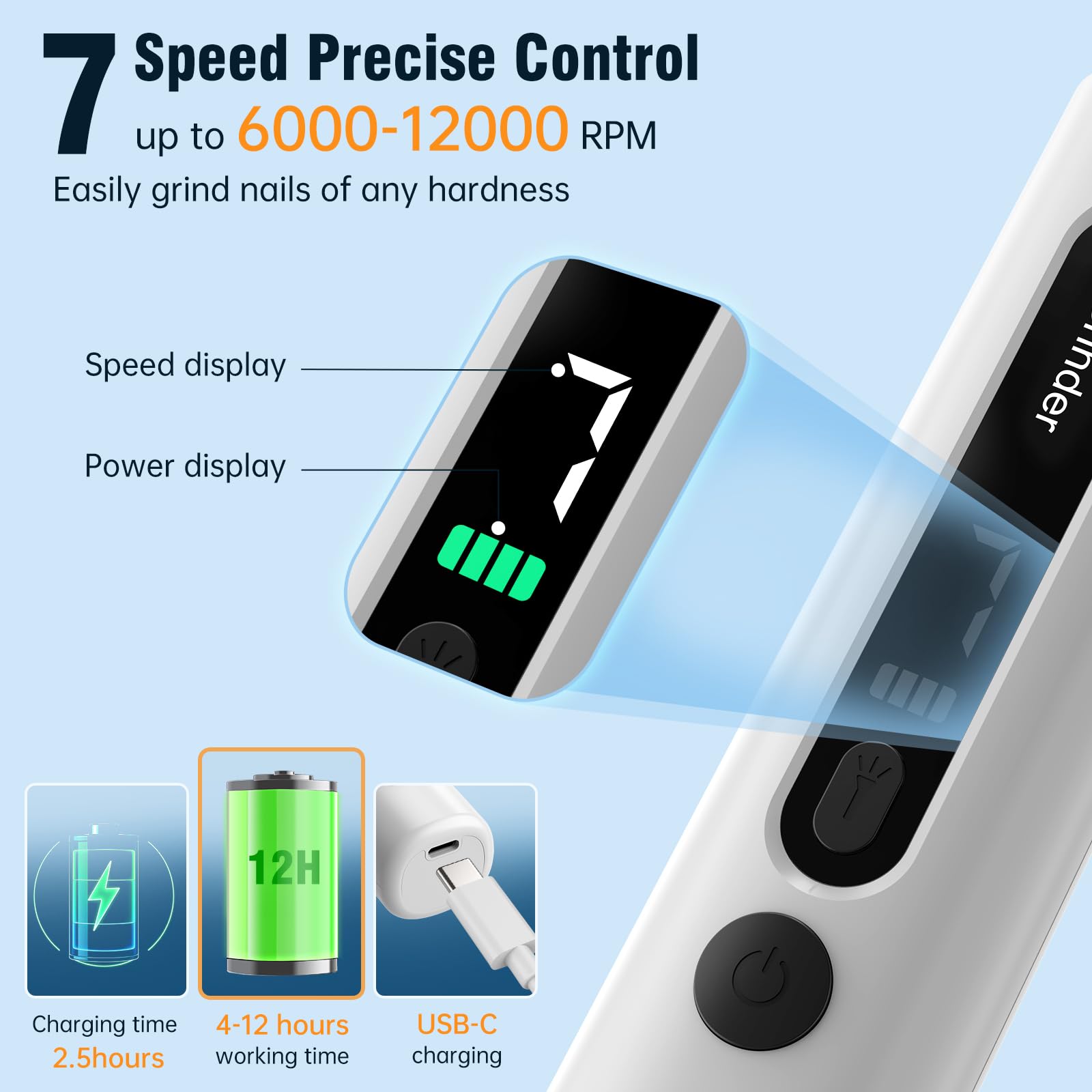 Molinillo de uñas para perros, cortador de uñas eléctrico silencioso de 7 velocidades con esponja absorbente de polvo y lima para perros y gatos pequeños, medianos y grandes, incluye bolsa de